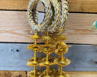 Punjabi Golden/Multi Colour Fabric Parandi Tassles Hair Extensions with Beads. Pack of 1