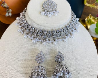 Silver Bridal Necklace Set with Earrings, Maang Tikka | Indian Pakistani Polki Jewelry