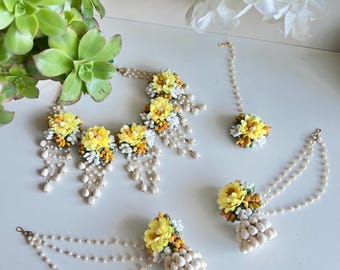 Floral jewelry set with earrings, necklace | Bridal haldi | Multi-color