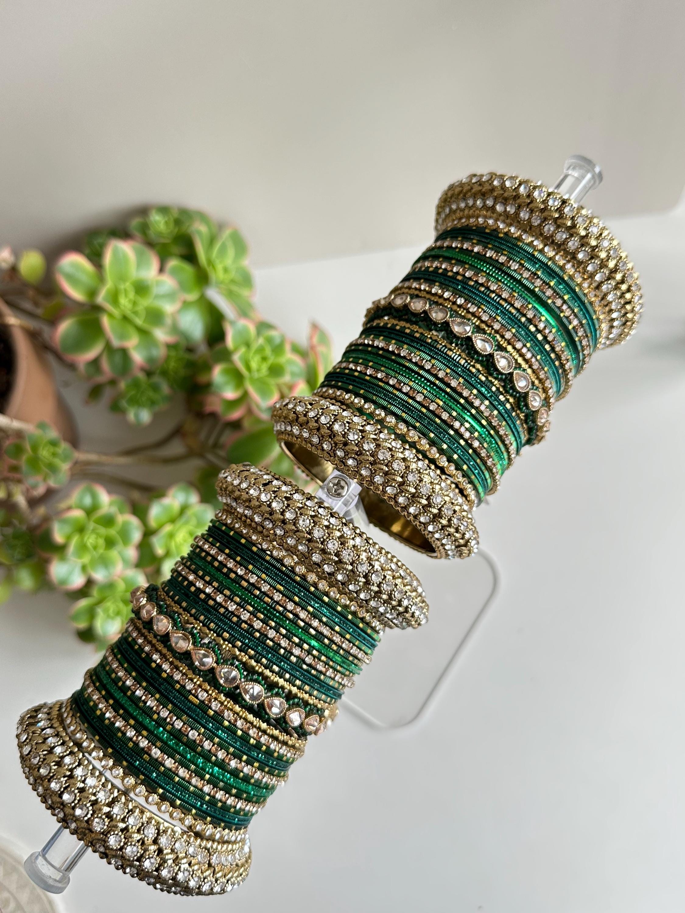 Rangoli Bangle Set – Green & Gold Bridal Bangles With Rhinestones ...