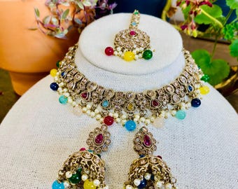 Multi colored Bridal Necklace Set with Earrings, Maang Tikka | Indian Pakistani Polki Jewelry