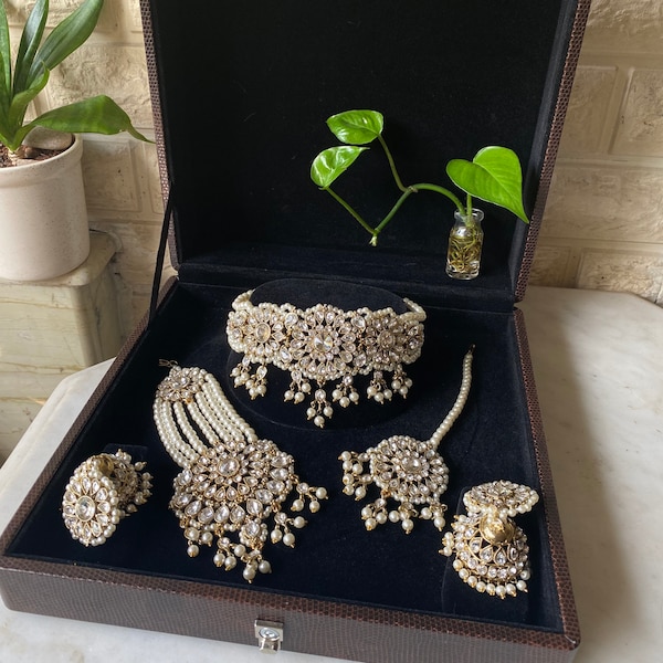 Indian bridal jewelry / choker set / large jhumkas / tikka / jhumaar / Indian / Pakistani / Traditional / wedding / party / white pearl gold