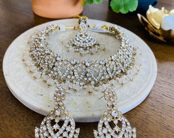 Light Peach Bridal Necklace Set with Earrings, Maang Tikka | Indian Pakistani Polki Jewelry