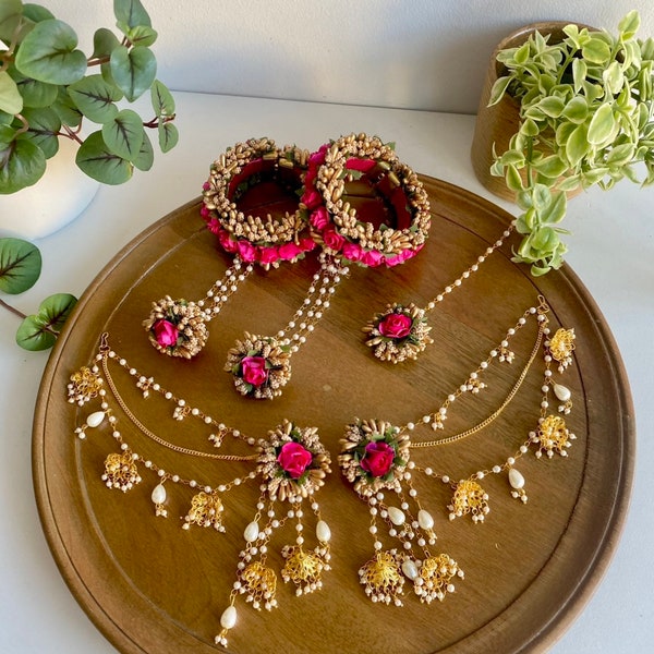 Floral jewelry / flower / haldi / mayoon / Mendhi  / jhumkas / earrings /  tikka / holud / Pakistani / Indian / Desi / hand sets / tradition