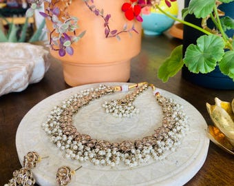 Champagne Stone Bridal Necklace Set with Earrings, Maang Tikka | Indian Pakistani Polki Jewelry