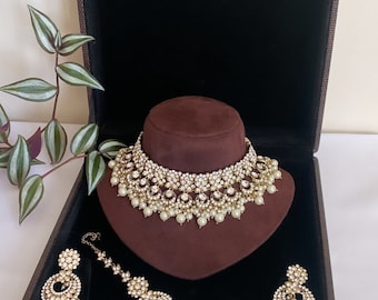 Pearl Choker Necklace Set – Indian Bridal Jewelry, Tikka & Earrings
