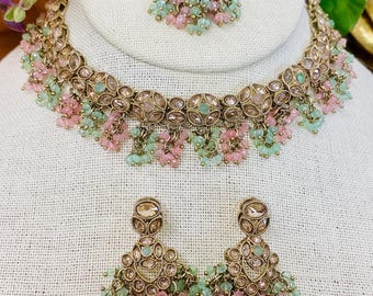 Pink and Mint Bridal Necklace Set with Earrings, Maang Tikka | Indian Pakistani Polki Jewelry