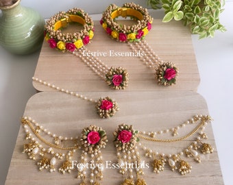 Floral pink jewelry / flower / haldi / mayoon / Mendhi / sahara / earrings / tikka / Indian / Pakistani / yellow desi hand set / traditional