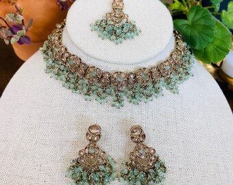 Mint Green Bridal Necklace Set with Earrings, Maang Tikka | Indian Pakistani Polki Jewelry