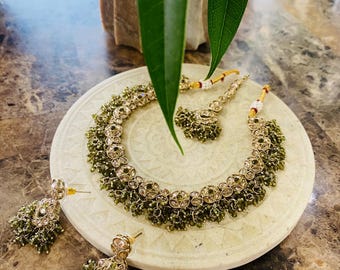 Olive Green Bridal Necklace Set with Earrings, Maang Tikka | Indian Pakistani Polki Jewelry