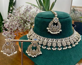 Gold Bridal Bib Necklace Set with Earrings, Maang Tikka | Indian Pakistani Polki Jewelry