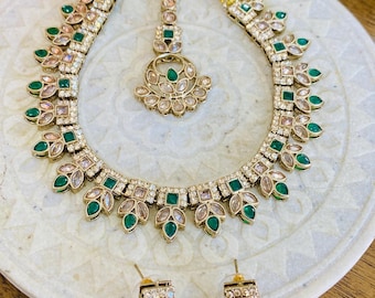 Green Bridal Necklace Set with Earrings, Maang Tikka | Indian Pakistani Polki Jewelry