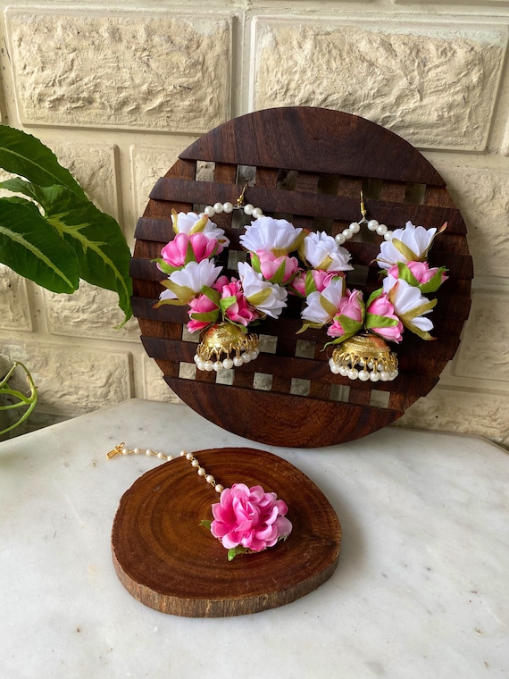 Floral Jhumka Jewelry Set: Indian Pakistani Haldi Mendhi  display picture 3