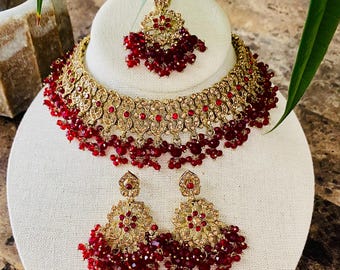 Maroon Bridal Necklace Set with Earrings, Maang Tikka | Indian Pakistani Polki Jewelry