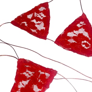 Puede incluir: Top de bikini triangular de encaje rojo con un delicado estampado floral. El top de bikini está ensartado en finas cuerdas de color marrón. El encaje es de color rojo vibrante y el diseño es visible sobre fondo blanco.