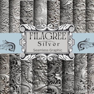 May include: A digital collage of 12 seamless patterns featuring intricate silver filigree designs. The patterns are arranged in a grid and have a vintage, ornate aesthetic.