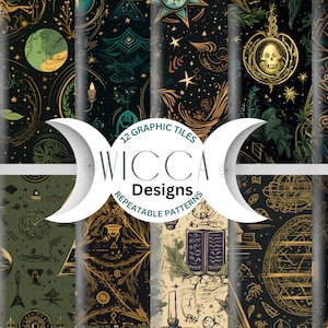 以下が含まれることがあります： ウィッカにインスパイアされたさまざまなデザインを特徴とする12個のグラフィックタイル。タイルは、金色と緑色のアクセントが施された暗い背景を特徴としています。デザインには、天体、月、星、その他の神秘的なシンボルが含まれています。