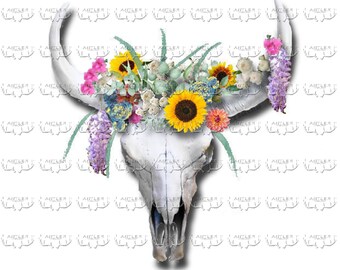 DIGITAL DOWNLOAD of FLORAL Cow Skull in Spring and Summer head adornment | jpg gif png pdf