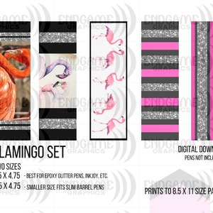 Pode incluir: Download digital de um conjunto de flamingos com vários designs. Inclui imagens de flamingos, listras pretas e prateadas com glitter e listras rosa. O texto inclui "FLAMINGO SET" e "DOWNLOAD DIGITAL". Imprime em papel de 21,6 x 27,9 cm.