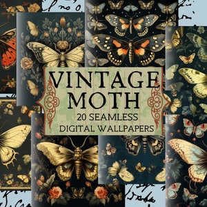 Patrón de mosaico sin costuras de polilla, 20 hermosas ilustraciones vintage, uso para cualquier aplicación, sublimación, tarjetas de presentación, tarjetas de notas, ¡más!