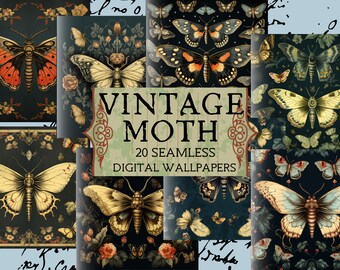 Moth Seamless Tile Pattern, 20 Beautiful Vintage Illustrations, Use for Any Application, Sublimation, Business Cards, Note Cards, More!
