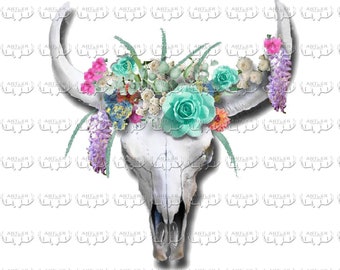 DIGITAL Cow Skull Featuring Mint Flowers in a Colorful Floral Crown | jpg gif png pdf