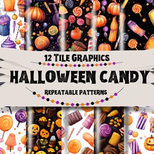 以下が含まれることがあります： ハロウィーンのキャンディー、カボチャ、その他の不気味な御馳走を特徴とする12のデジタルシームレスパターン。パターンは、オレンジ、パープル、ブラック、ホワイトなど、さまざまな色で構成されています。テキスト「12 Tile Graphics Halloween Candy Repeatable Patterns」は、バナーに表示されます。