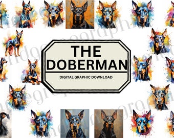 Doberman Pinscher Graphic, Digital Download, Instant Art, for Sublimation, Decals, Canvas Wall Art, Note Cards, Pop Sockets, Stickers