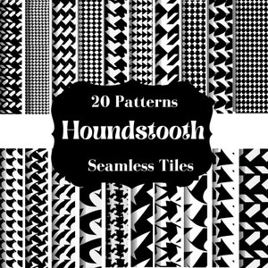 May include: 20 black and white houndstooth patterns, seamless tiles.  These patterns are perfect for creating backgrounds, textures, and designs.