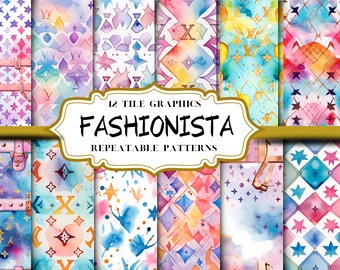 Fashionista Design, Watercolor, Graphic Tiles, Repeatable Patterns, Digital Illustrations, for Gift Bag, Totes, Sublimation, Graphic Art