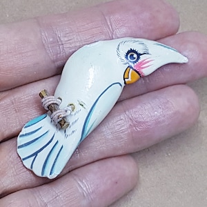 TAKAHASHI? Bird cockatoo wooden brooch white wood hand painted collectible parrot vintage pin