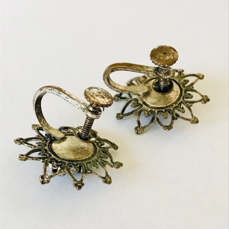 Aqua blue and bronze tone star shaped screw back earrings Vintage non pierced filigree earrings Costume jewelry