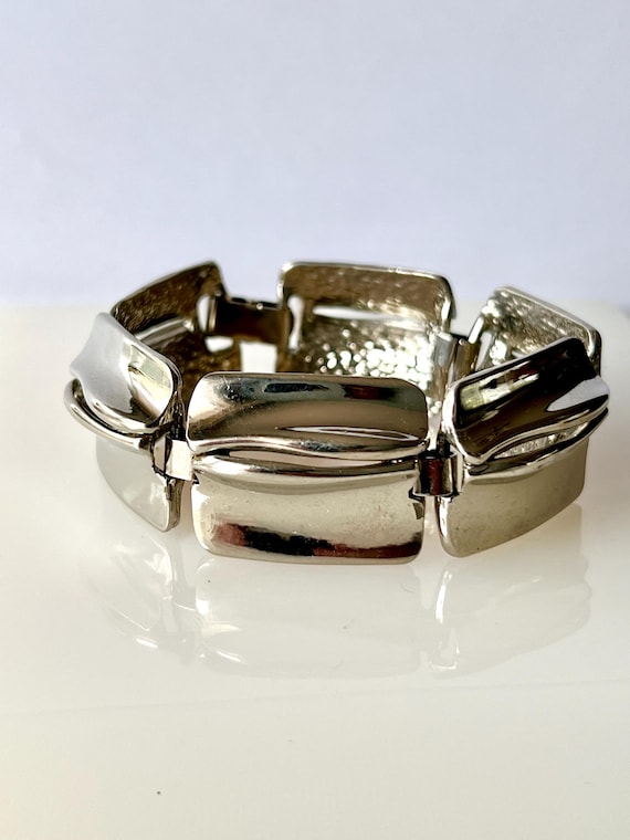 Statement silver tone rectangle link Austrian bra… - image 1
