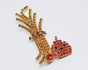 Broche Vintage à Strass Orange - Monture Laiton Doré - Dimensions 65x30mm - Avec 3 Pampilles