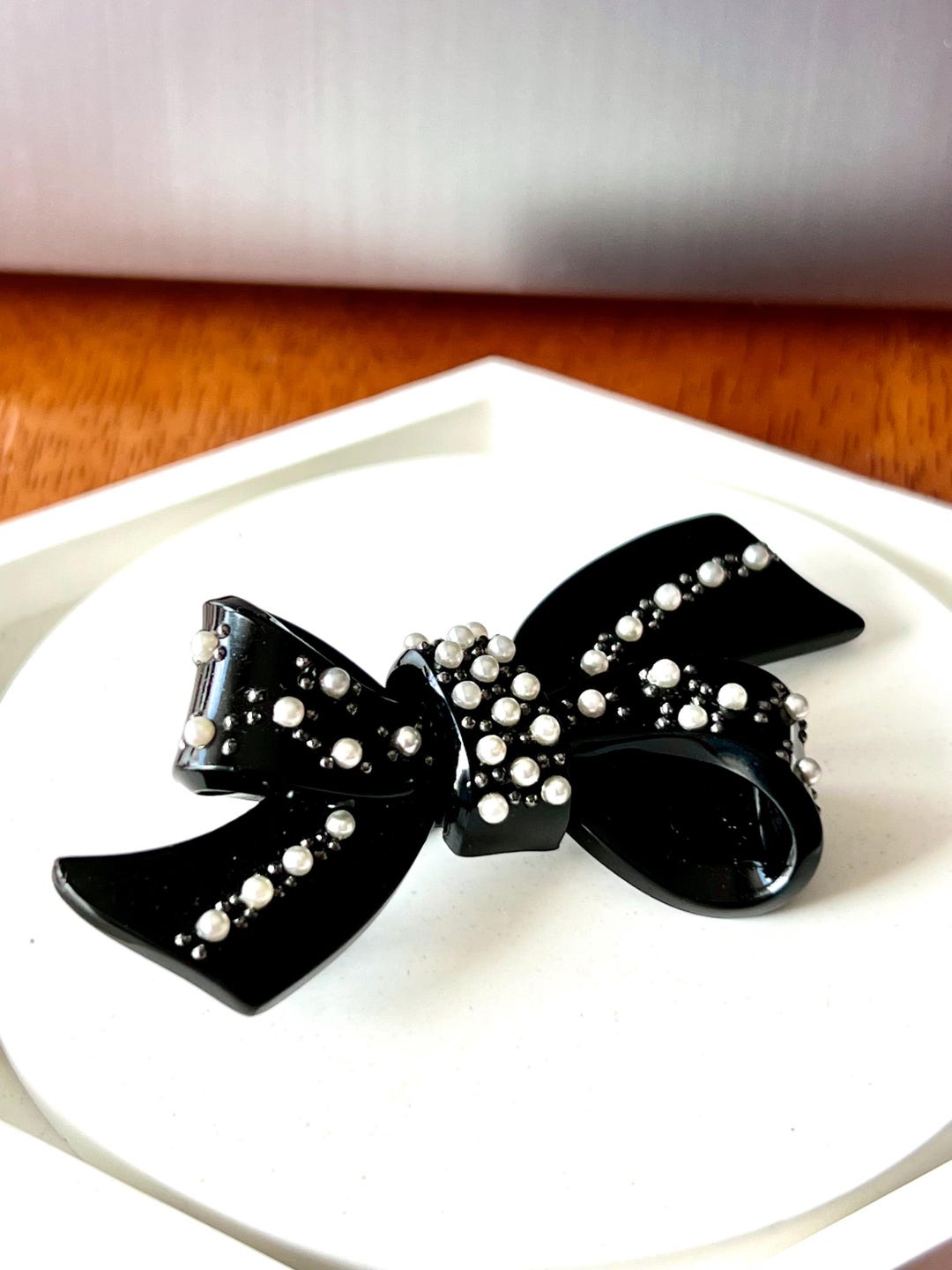 Mimco Black Bow Shaped Plastic Brooch Decorated With White Faux Pearls ...