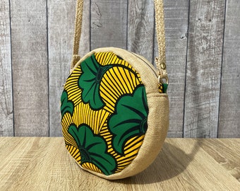 Wax print bag, Small round bag, Wax green flowers, Shoulder bag, Burlap, Round bag, Women's bag, women's accessory, African fabric