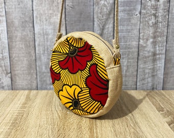 Small round bag, Wax red flowers, shoulder bag, jute canvas, round bag, wax print bag, women's bag, women's accessory, African fabric