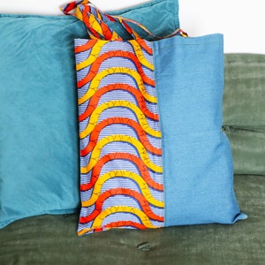 Tote wax & jeans, Wax Waves OJ, Tote bag wax, Beach bag, Denim bag, Printed wax bag, Women's bag, women's accessory, African fabric