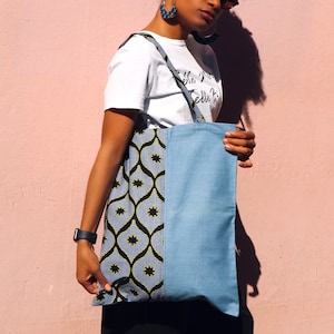 Tote wax & jeans, Wax yellow congress, Tote bag wax, Beach bag, Denim bag, Wax print bag, Women's bag, women's accessory, African fabric