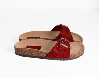 Chanclas de cera / Cera roja recomendada / Zapatos de mujer / Chanclas con hebillas / Sandalias rojas / Zapatos con estampado de cera / Tela africana