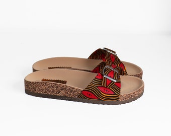 Wax slides / Red batik wax / Women's shoes / Buckled slides / Red sandals / Wax print shoes / African fabric