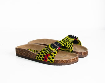 Wax slides / Yellow disc wax / Women's shoes / Buckled slides / Yellow sandals / Wax print shoes / African fabric