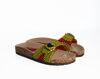 Wax slides / Yellow disc wax / Women's shoes / Buckled slides / Yellow sandals / Wax print shoes / African fabric