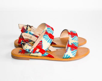 Wax sandals / Beige batik wax / Women's shoes / Strap sandals / Beige sandals / Wax print shoes / African fabric