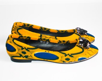 Wax ballerinas / Yellow batik wax / Women's shoes / Jeweled shoes / yellow shoes / Wax print shoes / African fabric