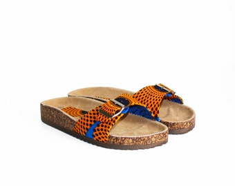 Wax slides / Wax orange disc / Women's shoes / Buckle slides / Orange sandals / Wax print shoes / African fabric