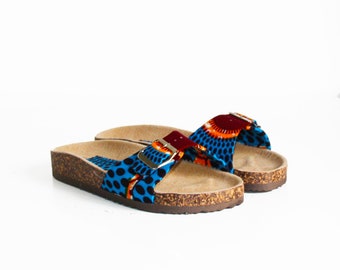 Wax slides / Blue disc wax / Women's shoes / Buckled slides / Blue sandals / Wax print shoes / African fabric