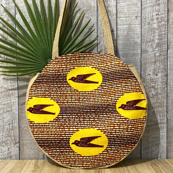 Grand sac Ashanti, Wax hirondelles jaune, Sac rond, Toile de jute, Sac de plage, Sac imprimé wax, Sac femme, accessoire femme, Tissu wax