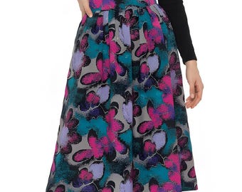 80s Vintage Floral Midi Skirt: Handmade High-Waisted A-Line, Size M