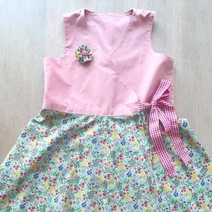 Handmade Girls Floral Dress Age 7–10, Pink Cotton Wrap Bodice, Gingham Bow, Spring Summer Birthday Outfit